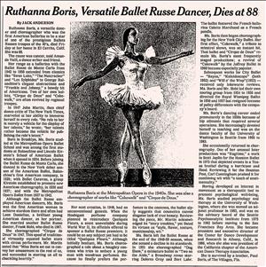 Newspaper obituary says Ruthanna Boris Versatile Ballet Russe Dancer Dies at 88 above a photo of a ballerina on toe shoes in a tutu. 